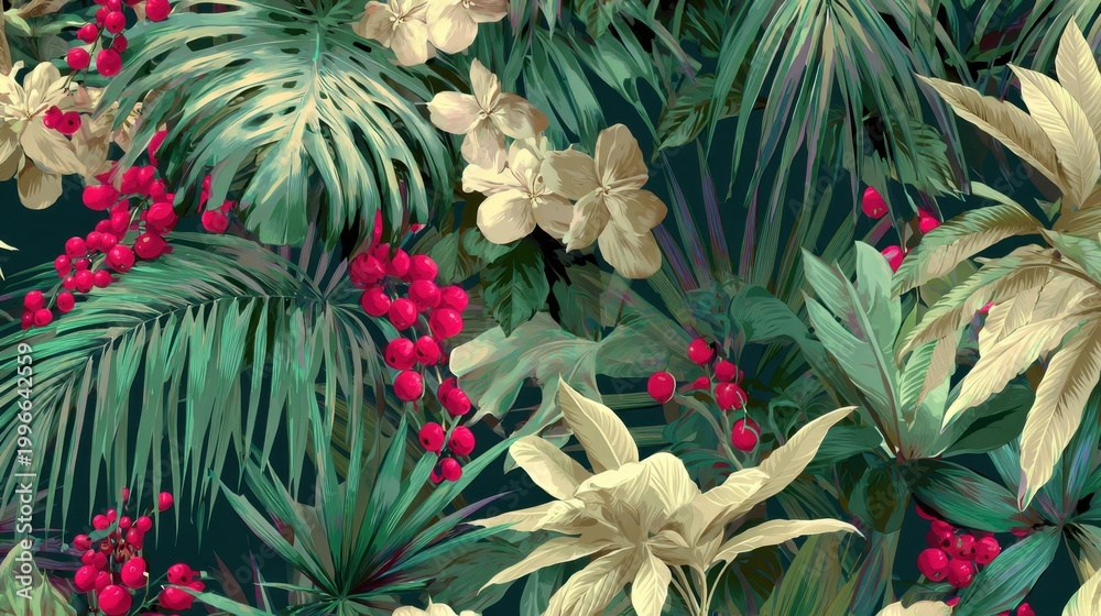 Obraz premium Tropical Flora's Symphony: Lush foliage of tropical plants showcases diverse textures and forms, a captivating display of nature's artistry and the allure of the wild.
