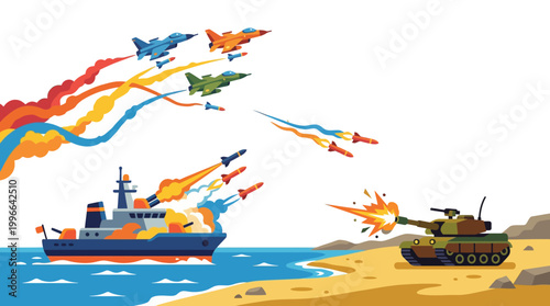 Military naval and ground conflict illustration with aircraft, missiles, ship, and tank engaging in combat offshore and on beach