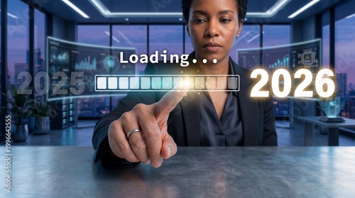 A businesswoman in a modern office interacting with a futuristic loading bar