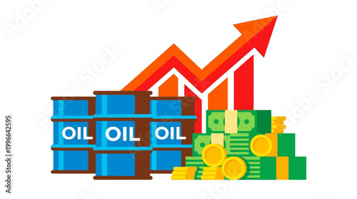 Oil barrels stacked next to a pile of money and a rising graph, symbolizing economic growth and profit in the petroleum industry