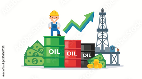 Oil Industry Growth Worker celebrates rising crude prices, standing on barrels with money, an upward arrow, and a drilling rig, symbolizing energy market prosperity