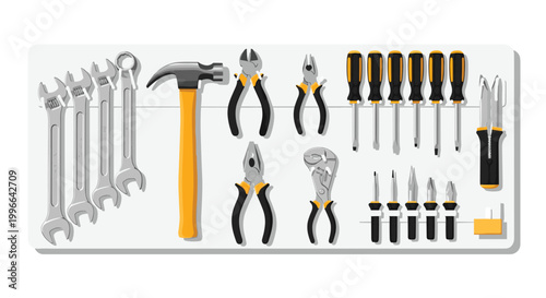 Organized set of professional hand tools including wrenches, hammer, pliers, and screwdrivers arranged on a wall board.