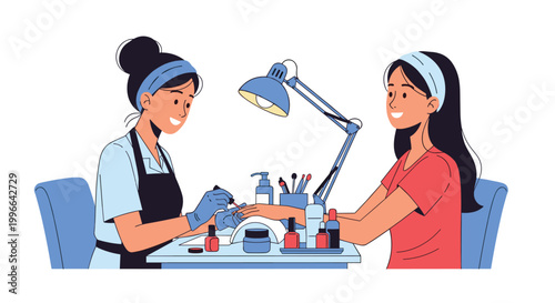 Professional manicurist applying red nail polish to a female client in a bright and modern beauty salon setting.