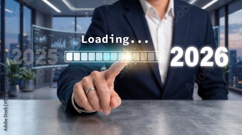 A businessman in a suit interacting with a futuristic loading bar on a table in a modern office