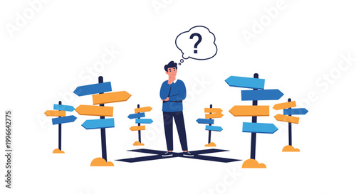 Confused man standing at a crossroads surrounded by many directional signs trying to make an important life decision.