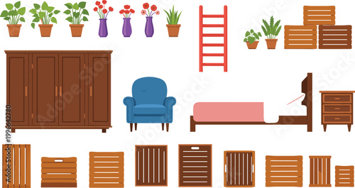 Home furniture and decor collection including wardrobe, bed, armchair, plants, wooden crates and ladder vector illustration set