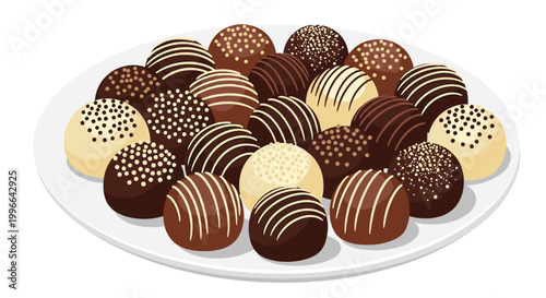 Large assortment of delicious gourmet chocolate truffles with various coatings and decorations arranged on a white plate.