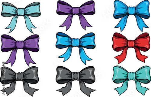 Ribbon bow vector set featuring glossy decorative bows in vibrant colors isolated on light background for gift wrapping and festive design