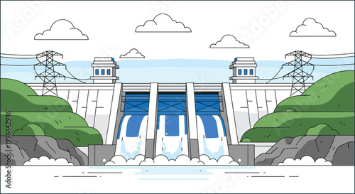Hydroelectric dam with flowing water and power transmission towers, renewable energy infrastructure landscape vector illustration