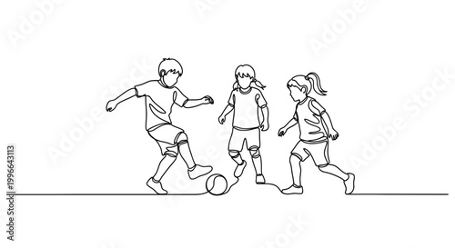 Photos Three children playing soccer, continuous line drawing, white background