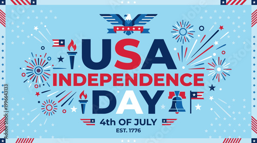 A dynamic flat design vector illustration featuring bold, geometric typography for "USA Independence Day," accented with subtle eagle and fireworks iconography. 