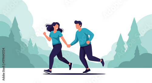 Active young couple jogging together while holding hands through a beautiful green park in the early morning.
