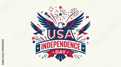 A dynamic flat design vector illustration featuring bold, geometric typography for "USA Independence Day," accented with subtle eagle and fireworks iconography. 