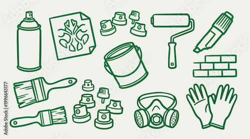 A collection of graffiti art supplies and safety equipment, including spray cans, brushes, rollers, stencils, paint buckets, masks, gloves, and brick wall elements.
