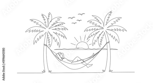 Relaxing Beach Hammock Sunset Palm Trees - Minimalist Line Art