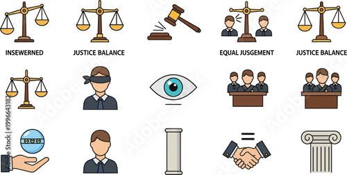 Justice symbols including scales, a gavel, and a blindfolded judge represent the legal system and the pursuit of equality.