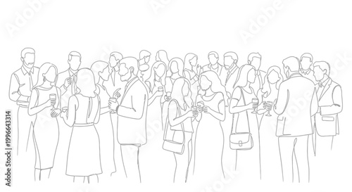 Elegant Crowd Gathering Sketch: People at a Social Event with Drinks