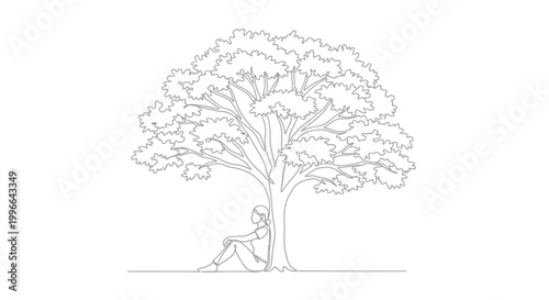 Woman Resting Under Large Tree, Minimalist Line Art