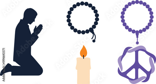 Silhouette of a man kneeling in prayer accompanies a candle and prayer beads to evoke a sense of quiet reflection and spiritual peace.