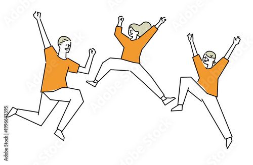 歓喜のあまり高くジャンプする三人家族