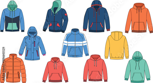 Hoodie jacket vector set featuring winter clothing in various styles and colors isolated on light background for fashion design