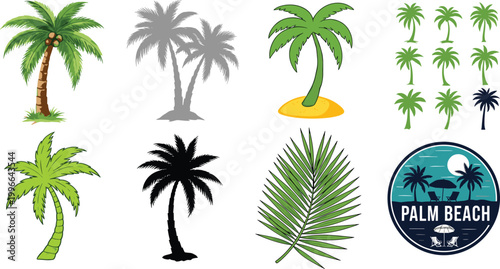 Palm tree collection with tropical coconut trees, palm leaves and beach logo icons for summer island design vector illustration set