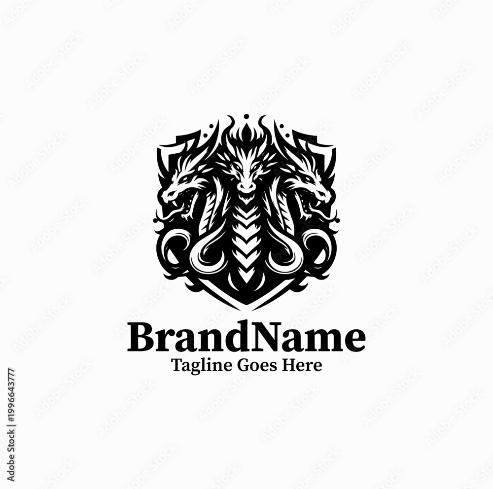 Fototapeta premium A three headed hydra creature within shield shape is illustrated as a fantasy emblem logo design monochrome bold