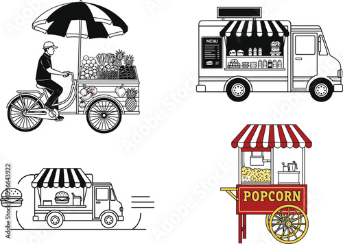 Fotografía Street food vendor vehicles collection with bicycle fruit cart, food truck and p