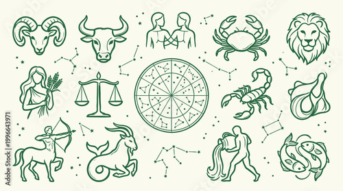 Collection of Zodiac Signs and Constellations in a Vintage Green Line Art Style.