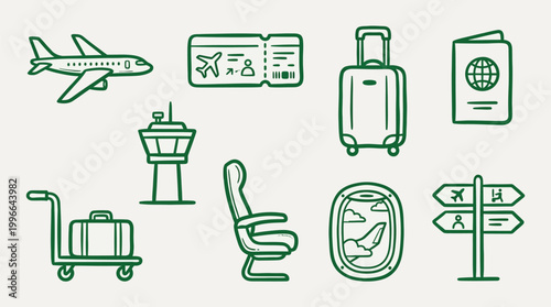 A collection of green line art icons representing various aspects of air travel and airport services.