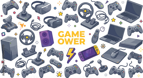 Gaming Device Illustration Collection Featuring Controllers, Consoles, VR Headset, Computers, and Accessories Around “Game Over” Text in Vector Artwork