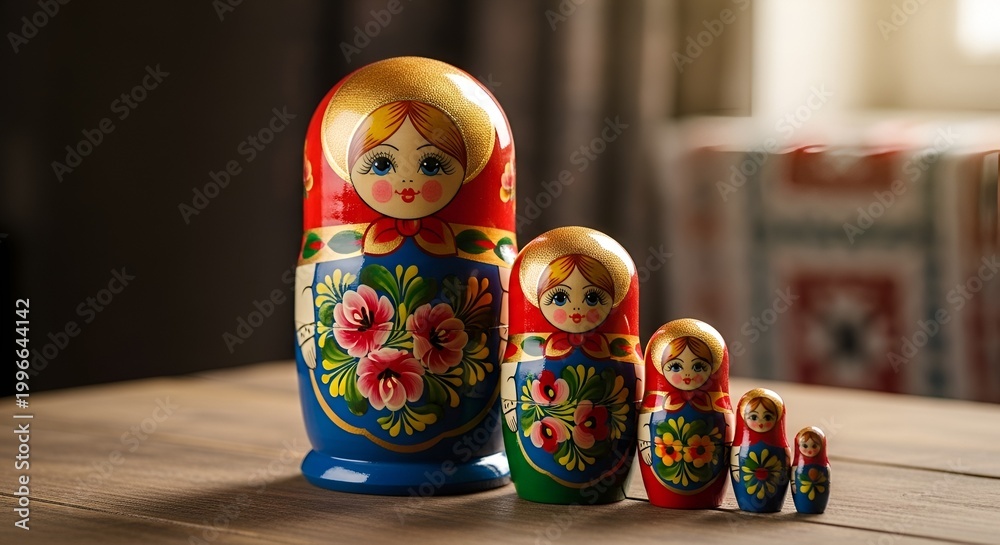 Fototapeta premium Colorful Russian Nesting Dolls on Wooden Table