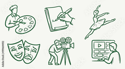 A collection of six distinct icons representing various artistic and creative pursuits, including painting, writing, ballet, theater, filmmaking, and digital media.