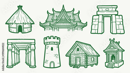 Collection of diverse architectural styles including huts, temples, and fortresses, rendered in a green outline drawing.