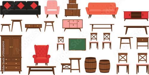 Vintage furniture collection with sofas, chairs, tables, cabinets and wooden barrels, retro home interior vector illustration set