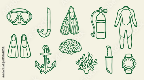 Collection of scuba diving and underwater exploration equipment and symbols, including a mask, snorkel, fins, wetsuit, air tank, anchor, coral, knife, and watch.