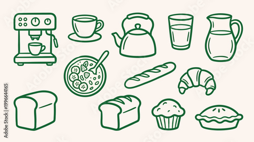 A collection of breakfast food and drink items, including a coffee maker, tea kettle, bread, pastries, cereal, and beverages.