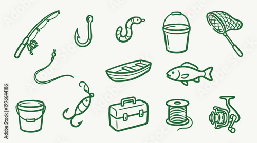 A collection of hand-drawn illustrations of various fishing equipment and related items, presented in a simple, clean line art style.