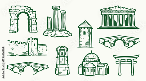 A collection of hand-drawn illustrations depicting various ancient architectural structures and landmarks from different cultures.