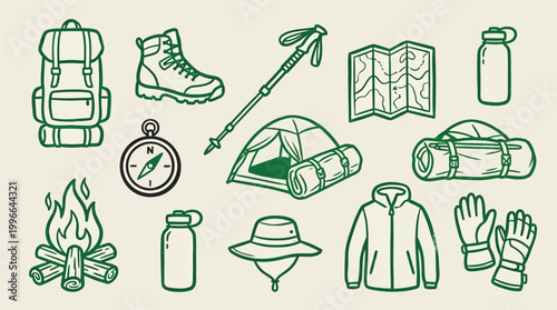 A collection of hand-drawn illustrations depicting essential camping and hiking gear, including a backpack, boots, compass, tent, sleeping bag, map, water bottles, campfire, hat, jacket, and gloves.