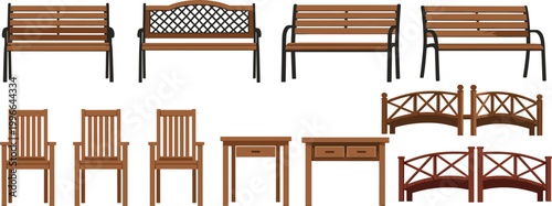 Wooden park benches, chairs and tables collection with garden furniture and decorative wooden bridges vector illustration set