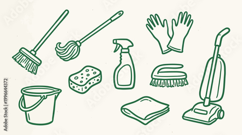 A collection of cleaning supplies and tools, including a broom, mop, spray bottle, bucket, sponge, brush, cloth, gloves, and vacuum cleaner, all depicted in a simple line art style.