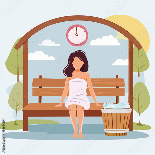 Woman in Towel Sitting on Bench in Outdoor Sauna