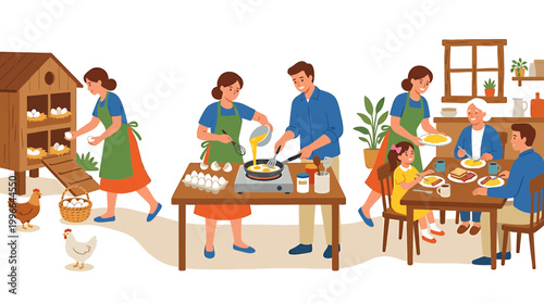 Family's wholesome farm-to-table morning gathering fresh eggs, cooking breakfast, and sharing a happy meal together, symbolizing togetherness and healthy eating
