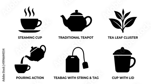 Collection of common icons representing tea and beverages, including a steaming cup, teapot, tea leaf, pouring action, teabag, and cup with lid