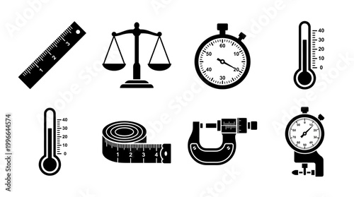 Collection World Metrology Day of scientific and measuring instruments including rulers, scales, thermometers, stopwatches, and measuring tapes