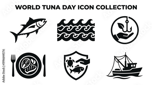 Collection of Tuna Day icons for marine life, fishing, and seafood