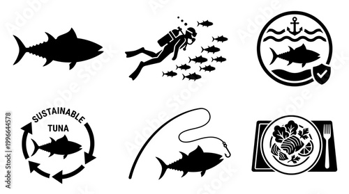 Set of Icons Representing World Tuna Day Fishing, Sustainability, and Seafood Consumption