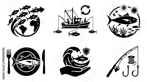 Set of graphic icons World Tuna Day. including worldwide fishing operations, responsible harvesting, ocean preservation efforts, and its role as a healthy food source