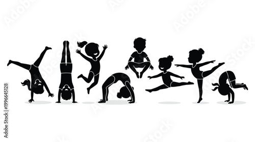 Quadro su tela Set of silhouettes of children doing gymnastics, kids performing various acrobat